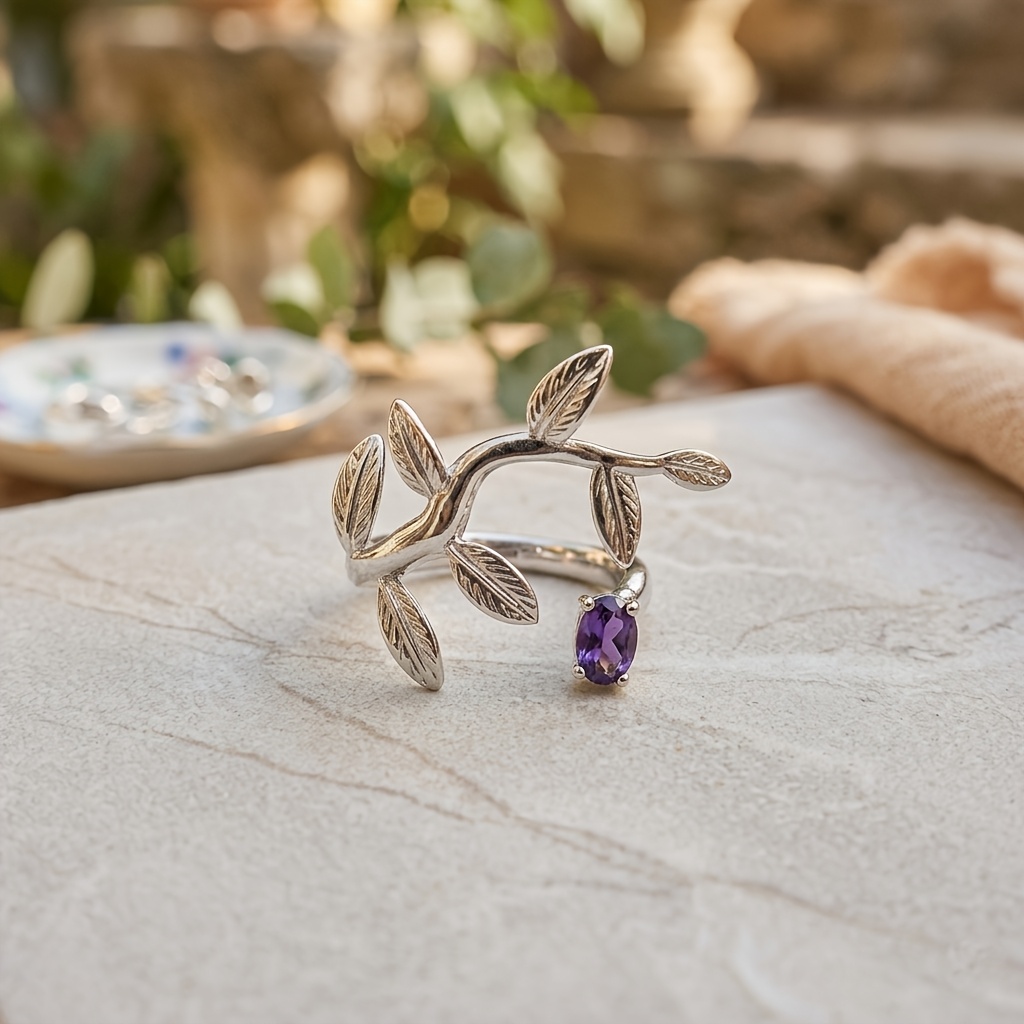 Light Luxury 3D Leaf Women's Open Ring with Zirconia